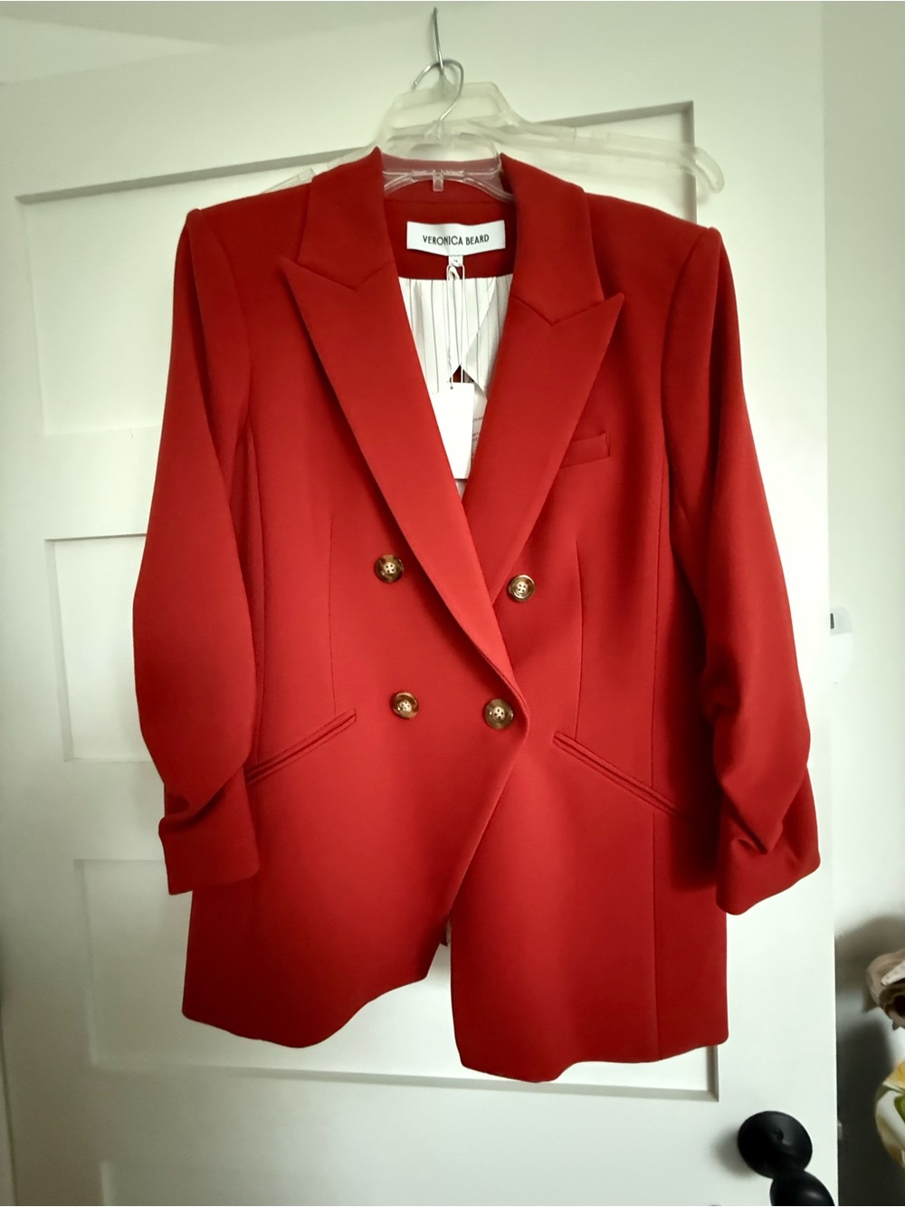 NEW! Veronica Beard Double-Breasted Red Dickey Blazer w rouched sleeves